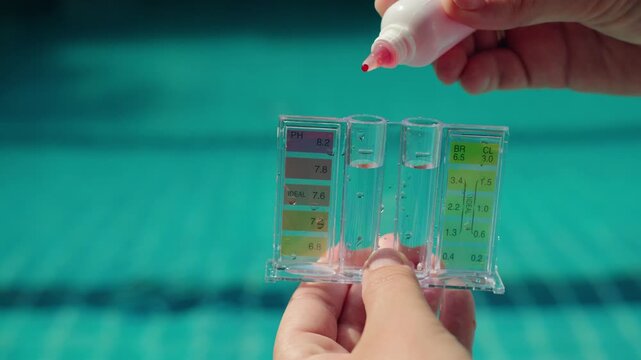 Pool water test kit in hands measuring ph and chlorine levels, close up of chemical analysis during private swimming pool maintenance, turquoise water background 