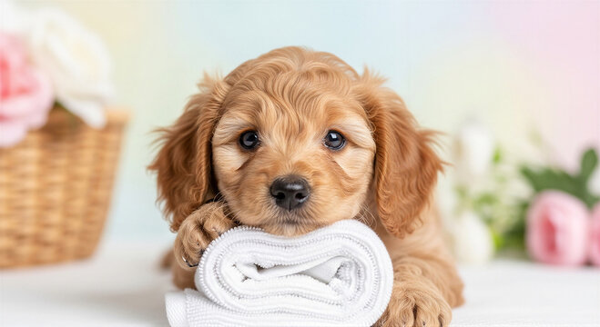 Cute golden retriever or cockapoo puppy lying down with a rolled white towel