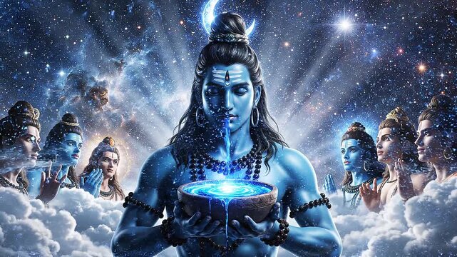 Epic mythological scene of Lord Shiva, youthful and divine, blue skin glowing softly, clean-shaven face, calm and powerful expression. Hair tied in a topknot with crescent moon glowing faintly. Shiva 
