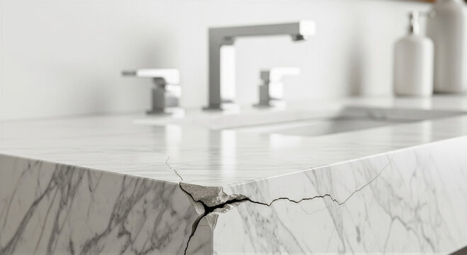 Closeup of cracked marble bathroom countertop near modern faucet