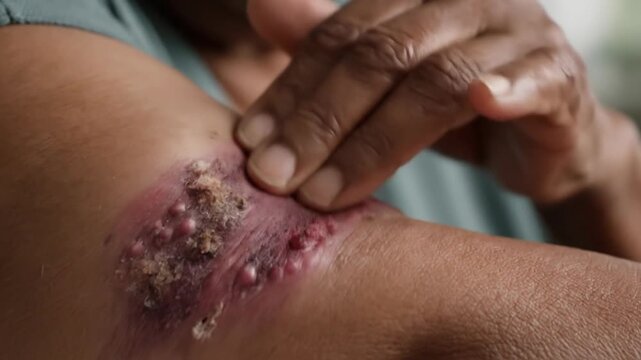 Close-up of an infected wound on an arm, showing inflammation and pus