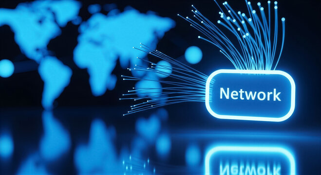 Abstract digital network concept with glowing blue lines connecting to a central node labeled network over a world map background