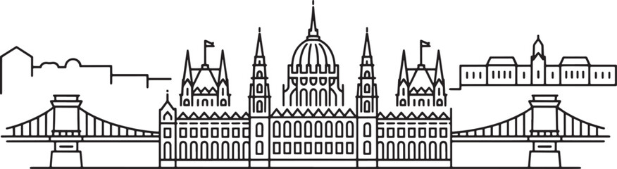 Obraz premium Budapest hungary parliament building and chain bridge skyline linear drawing