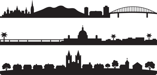 Obraz premium Collection of vector silhouettes featuring mountain backdrop coastal city dome building bridge tropical palms and rural small town.