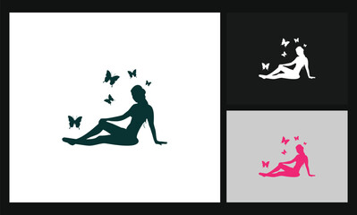silhouette woman & butterfly beauty concept design logo