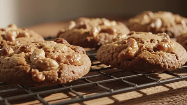 Several golden-brown cookies with nuts and glossy topping rest on a metal cooling rack over a wooden surface