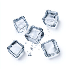 Obraz premium Five ice cubes scattered on a white surface, glistening with water droplets, perfect for refreshing beverages.