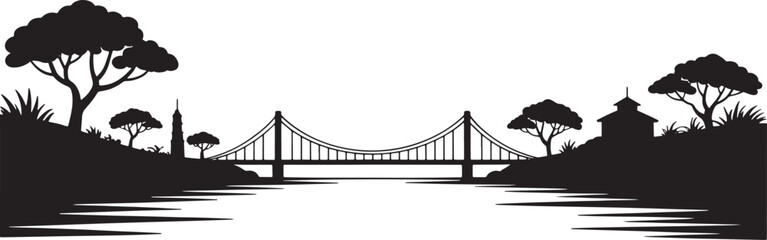 Fototapeta premium Landscape with a bridge over a river surrounded by trees and small buildings silhouette