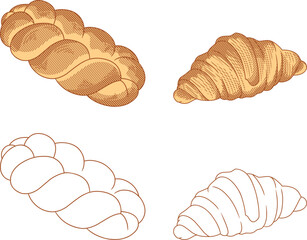 Hand-drawn engraving style of a Jewish Challah loaf and a French Croissant, perfect for bakery logos, organic food packaging, and rustic menu designs.