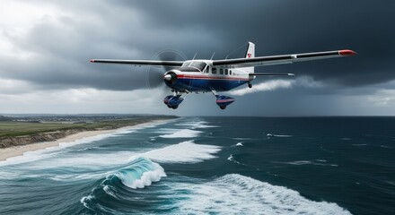 Airborne voyage over ocean waters against tempestuous skies offering coastal views