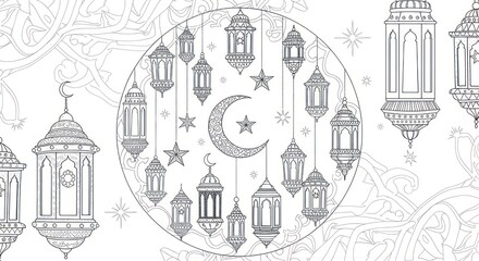 Obraz premium Intricate line art illustration of hanging lanterns and crescent moon design