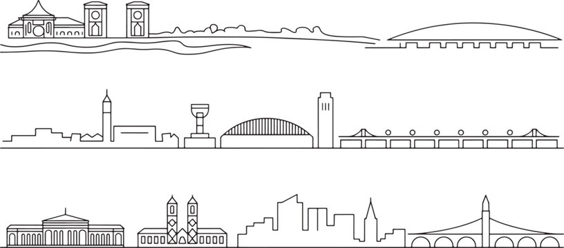 Set outline panorama city skylines design element flat vector illustration line art style