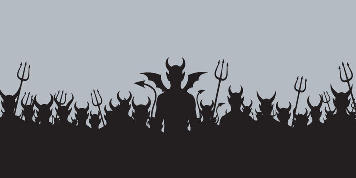 A large group of silhouetted demons with horns and pitchforks stand together under a pale sky.