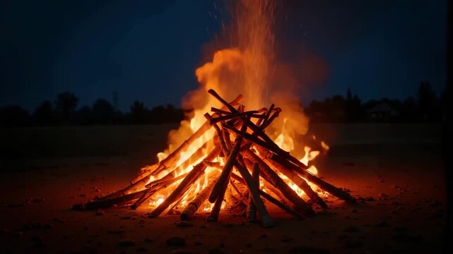 Ancient ritual bonfire burning at night with sparks and flames in pagan folklore atmosphere