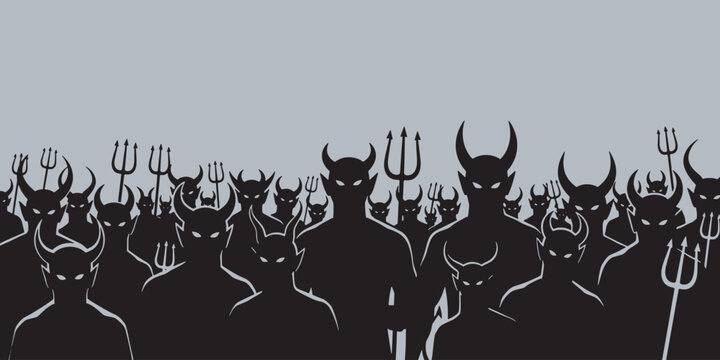 A large group of shadowy demons with horns and tridents stand together in a menacing crowd.