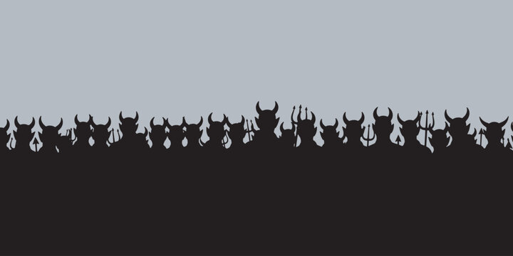 A large group of silhouetted devils with horns and pitchforks standing in a dark landscape under a pale sky.