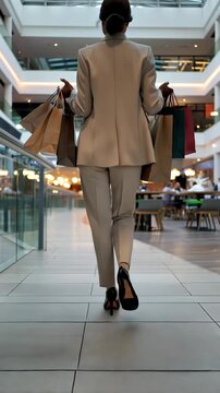 Elegant woman walking in a modern shopping mall while carrying multiple shopping bags, vertical shot