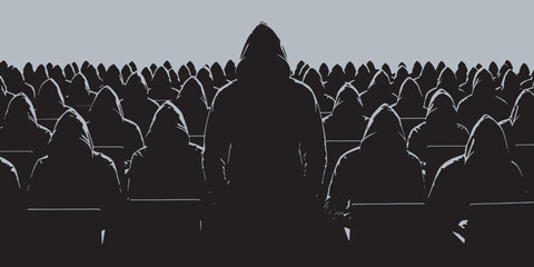 A lone figure stands out in a crowd of identical hooded individuals, symbolizing individuality and conformity. © Riki