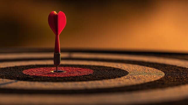 Bullseye close-up with single red dart embedded, showing metal tip detail and sisal material, shallow depth of field isolating subject, warm gradient light and shadow creating dramatic atmosphere, sym