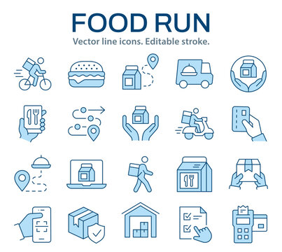 Icon set for food delivery and logistics. Editable line icons showing couriers, tracking, packaging, payment, and order management.