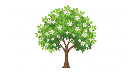 Fototapeta premium Blooming tree with green leaves and white flowers on white background