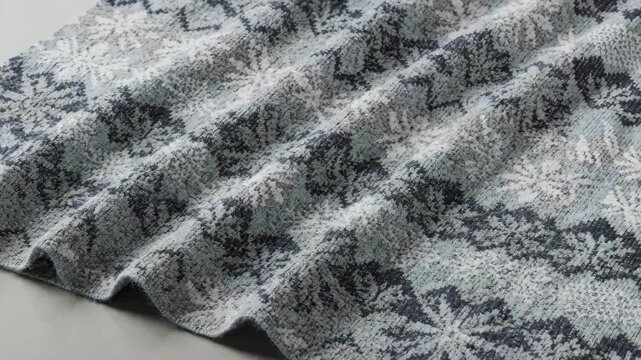 Medium shot of Jacquard knit yardage showcasing intricate Nordicinspired motifs with bold geometric shapes and cool wintery hues.