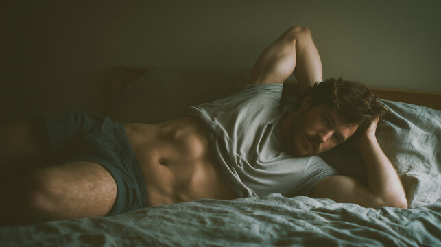 A man is laying on a bed with his arms crossed