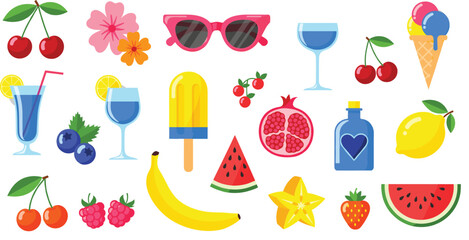 Flat vector illustration set of summer tropical fruits including watermelon banana strawberry cherries lemon pomegranate and cold drinks like cocktails and ice cream. © Shefali