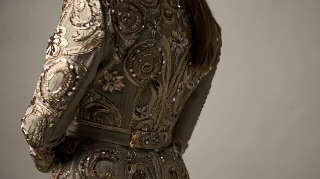 Medium shot focusing on a richly embellished jacket featuring detailed beadwork and a fusion of oldworld craftsmanship with modern fashion elements.