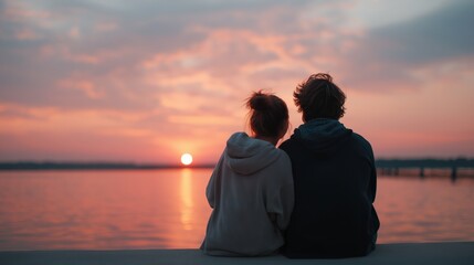 Rear view of a young couple sitting by the lake watching the sunset.