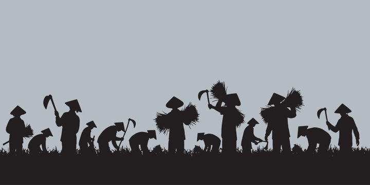 Silhouettes of farmers in conical hats harvesting crops in a field, symbolizing agricultural labor and tradition.
