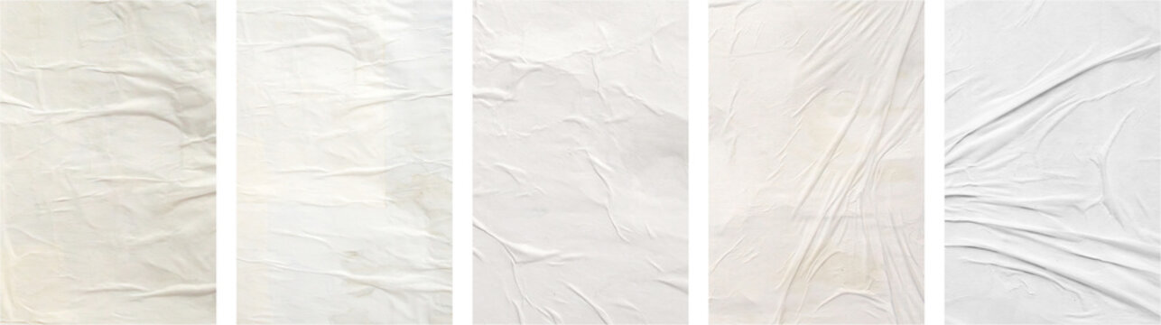 white crumpled and creased glued mockup paper poster template set isolated on black background