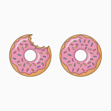 Two pink frosted donuts with sprinkles one bitten pink frosting bitten donut white background.