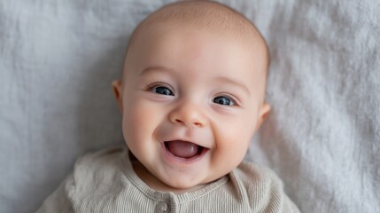 Close up portrait of a cute 5 month old baby boy with a big joyful smile lying on a white bed.