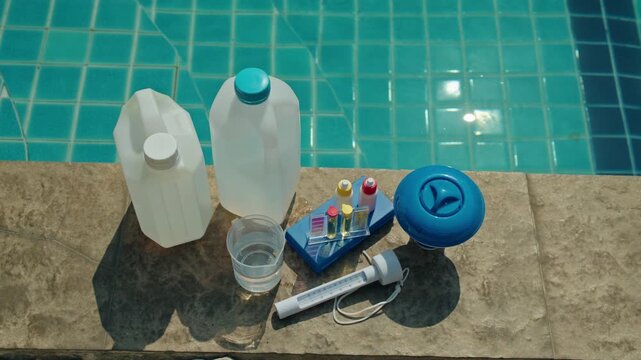 Top view of swimming pool maintenance equipment with liquid chemicals, water test kit, chlorine dispenser and measuring tools on pool edge, private pool water treatment and quality control concept