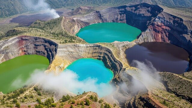 Aerial vista of Kelimutu's captivating crater lakes showcasing vibrant colors and geological