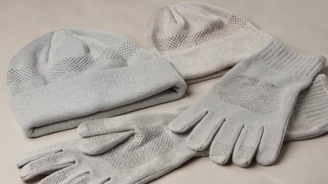 Medium framing of mesh zone seamless knitwear accessories including lightweight hats and gloves with breathable textures created through innovative computerized knitting