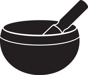 Minimalist black bowl with spoon illustration isolated on white background