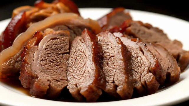 Close-up of rich, glossy, slow-cooked sliced meat (pork or beef) and braised hock with gelatinous skin on a white plate, showcasing a savory, traditional delicacy.