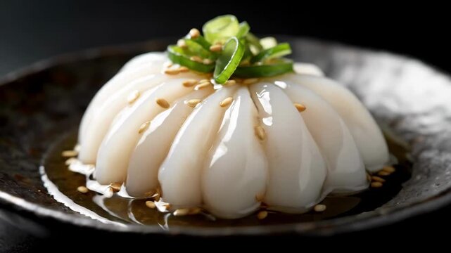 Exquisite Japanese White Delicacy Plated on Dark Ceramic. Close-up of Sculpted Ika Somen or Konjac Jelly Garnished with Sesame Seeds and Green Onions.