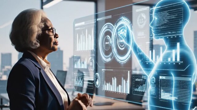 Senior businesswoman interacting with futuristic AI human interface and data analytics on transparent screen in office, virtual reality, metaverse concept