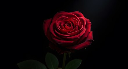 Closeup of a dark red rose in full bloom with green leaves against a stark black background