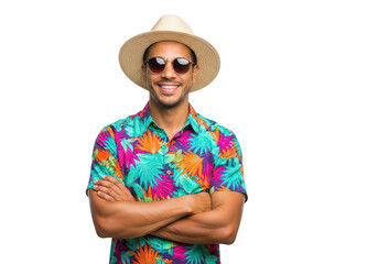 Man smiling in tropical shirt isolated on transparent background