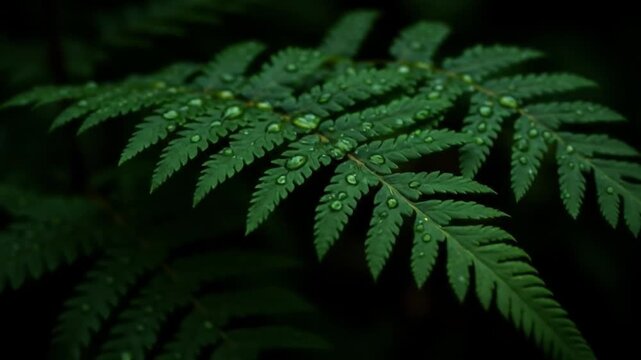 Closeup of a fern frond with water droplets set against a dark outoffocus background