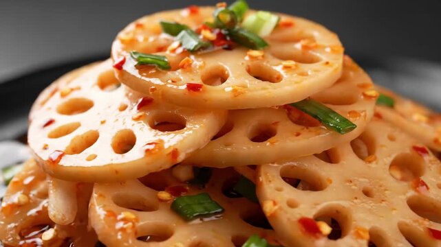 Spicy Chilled Lotus Root Salad (Liangban Lian'ou) Macro Shot. Slices of seasoned lotus rhizome served with chili oil, flakes, and scallions on a dark gourmet plate, popular Chinese appetizer.