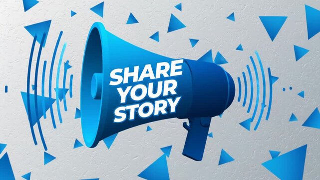 A blue megaphone with the words share your story on a gray background with blue triangles