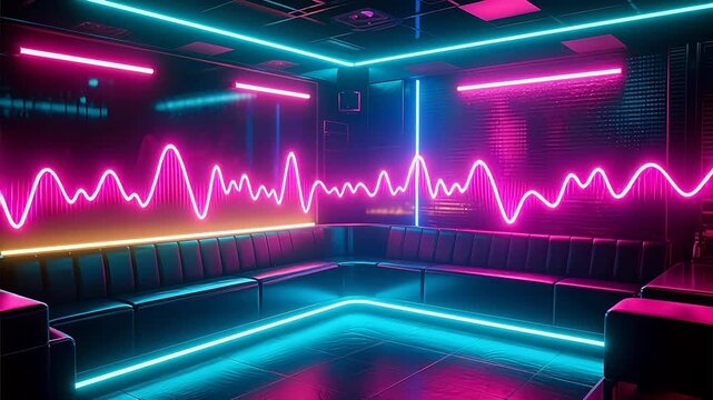 Neonlit lounge with wave patterns