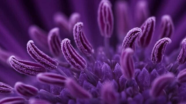 Closeup of a purple flowers center reveals delicate elongated petals and textured surface with intricate details