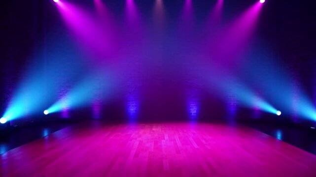 An empty theater stage illuminated with dramatic purple and blue spotlights over a wooden floor, with a brick wall for performances.