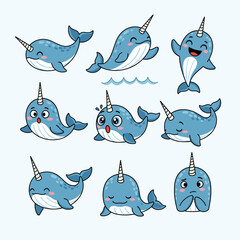 Adorable cartoon narwhals in various playful expressions and poses © Kevin